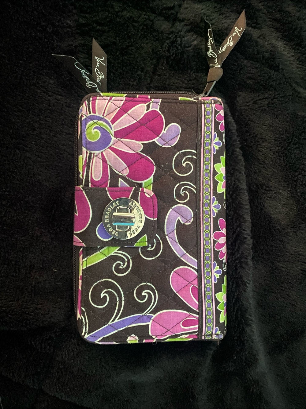 Vera Bradley Black Floral Quilted Phone Wallet with Purple & Green Accents